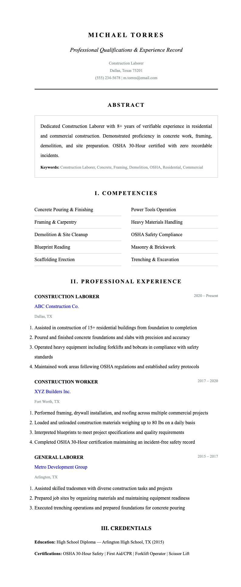 Academic Thesis construction laborer resume